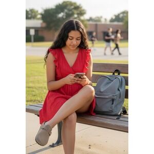 Red Eyelet V Neck Smocked Waist Mini Dress Size L fairycore
